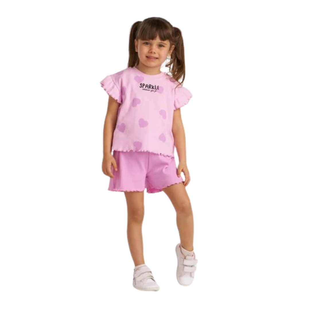 Minipodium Cotton Short Sleeve T-Shirt, Top and Bottom, Double Summer Girl's Shorts Set