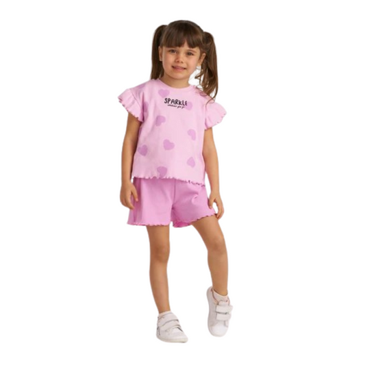 Minipodium Cotton Short Sleeve T-Shirt, Top and Bottom, Double Summer Girl's Shorts Set