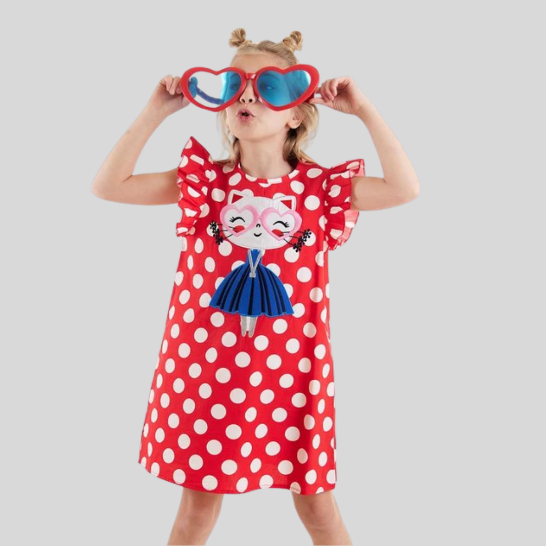 Denokids Polka Dot Puppy Girl Poplin Dress